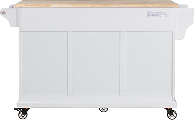 Generic 60.5"" Kitchen Island on Wheels, Rolling Island Table for Kitchen with Double Storage Cabinet and 5 Drawers, Portable Kitchen Cart with Rubber Wood Top, White, Large