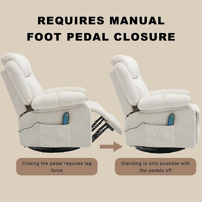 Massage Rocker Recliner Chair with Heat for Adult, Fabric Overstuffed Swivel Recliners Reclining Single Sofa Rocking Manual Home Theater Recliners Lounge Chairs for Living Room,Beige