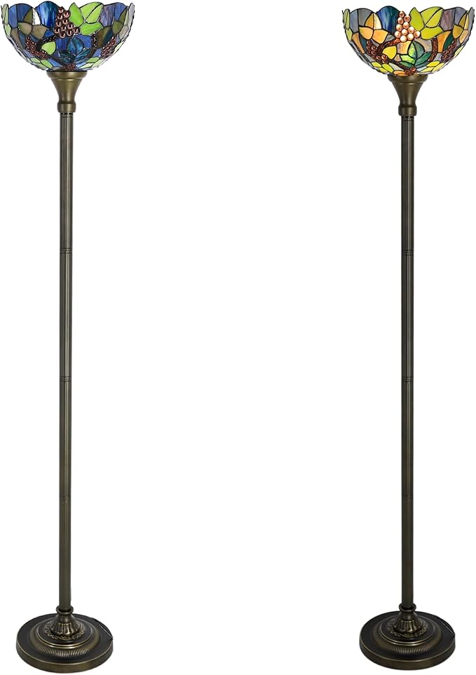 Tiffany Floor Lamp Torchiere Stained Glass Torch Lamp 12X12X67 Inch Antique Standing Corner Light (Amber Grape)