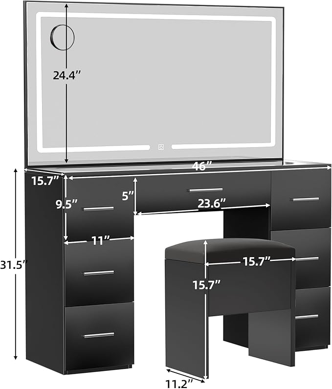 Makeup Vanity Desk with Lights, 46'' Glass Top Vanity Set with Charging Station, 7 Drawers Vanity Table with Cushioned Stool, 3 Lighting Modes Brightness Adjustable,Black