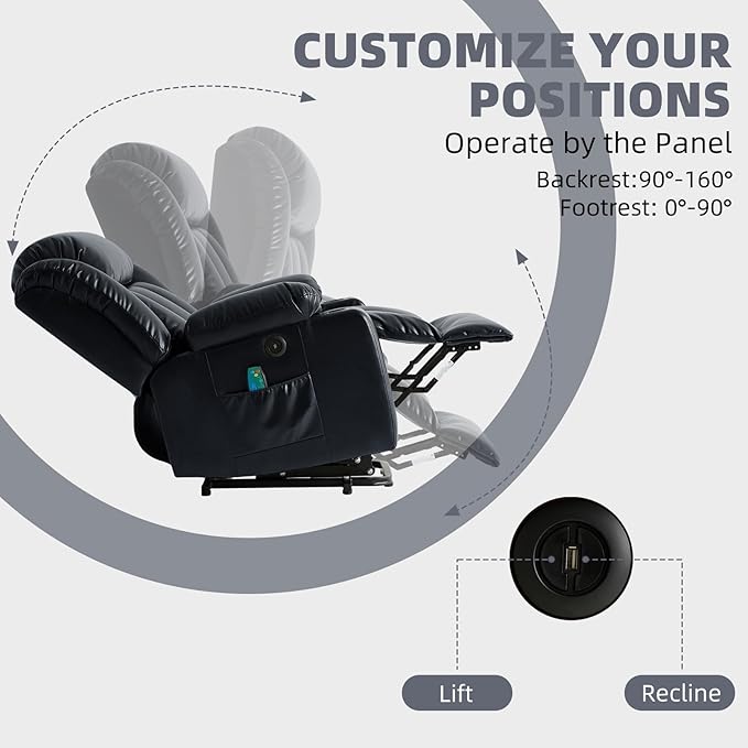 Power Lift Recliner Chair for Elderly, Electric Recliner Chairs for Adults with Massage and Heat, Cup Holders, Remote Control, USB Ports, Side Pockets, Leather (Ink Black) ﻿