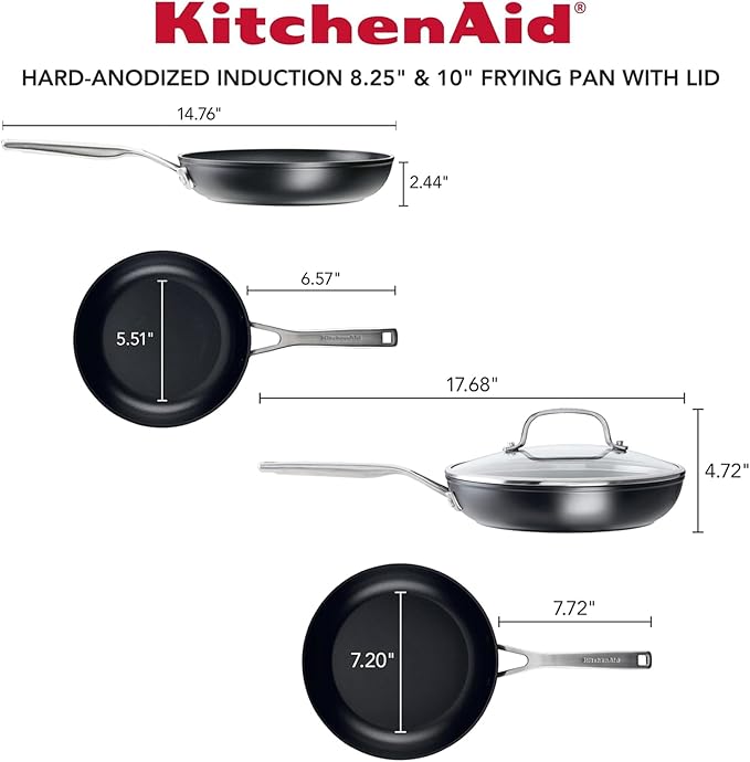 KitchenAid Hard Anodized Induction Nonstick Frying Pan Set With Lid, 3-Piece – 8 & 10 Inch Skillets, Durable, Even Heating, Dishwasher & Oven Safe, Easy-Clean, Matte Black
