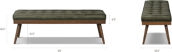 POLY & BARK 55" Tufted Leather Bed Bench for Bedroom End of Bed - Living Room Entry Way Bench - Pure Italian Leather Upholstery with a Solid Wood Frame - Ottoman Bench with Wooden Legs - Olivine Green