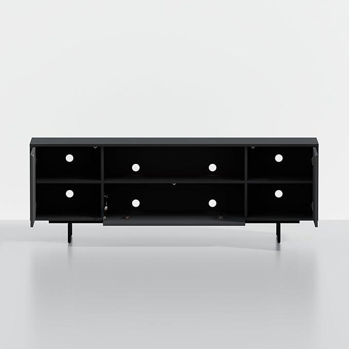 Norrhaus 75-Inch Modern TV Stand – Black Finish, 26-Inch Height, No Tools Assembly Technology, Storage Cabinets with Center Channel Speaker Shelf, Mid-Century Modern Design