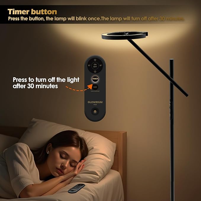 GLOWRIUM Therapy Light Floor lamp 12000 Lux, Happy Therapy lamp Stepless Dimmable 2700-6500K, LED UV-Free Happy lamp, Sunlight lamp Modern Bright Floor Lamp for Living Room Bedroom Office (H1B)