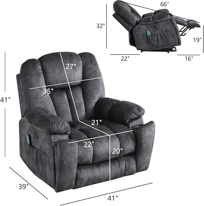 CANMOV Large Power Lift Recliner Chair with Massage, Heat, and USB for Elderly, Overstuffed Wide Recliners, Heavy Duty and Safety Motion Reclining Mechanism, Gray