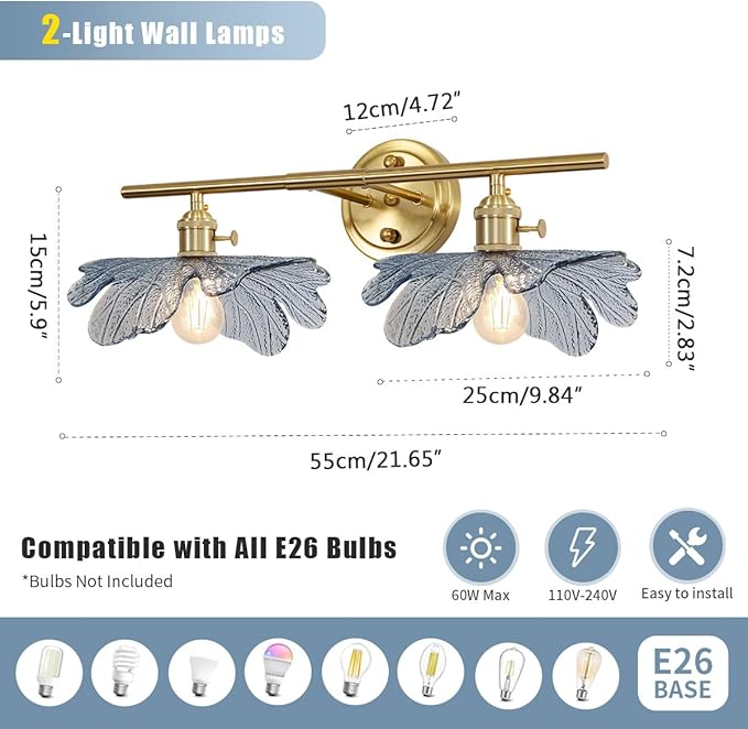 2 light bathroom vanity light gold brass wall sconce with Blue Flower Glass Shade mid century wall light vintage wall sconce art deco Bathroom Lights Over Mirror for Bedroom Hallway Living Room