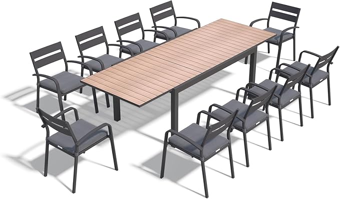 SUNSITT 11-Piece Outdoor Patio Dining Set, 63" - 105" Aluminum Expandable Outdoor Dining Table Set for 10, 10 Stackable Chairs with Gray Removable Cushions