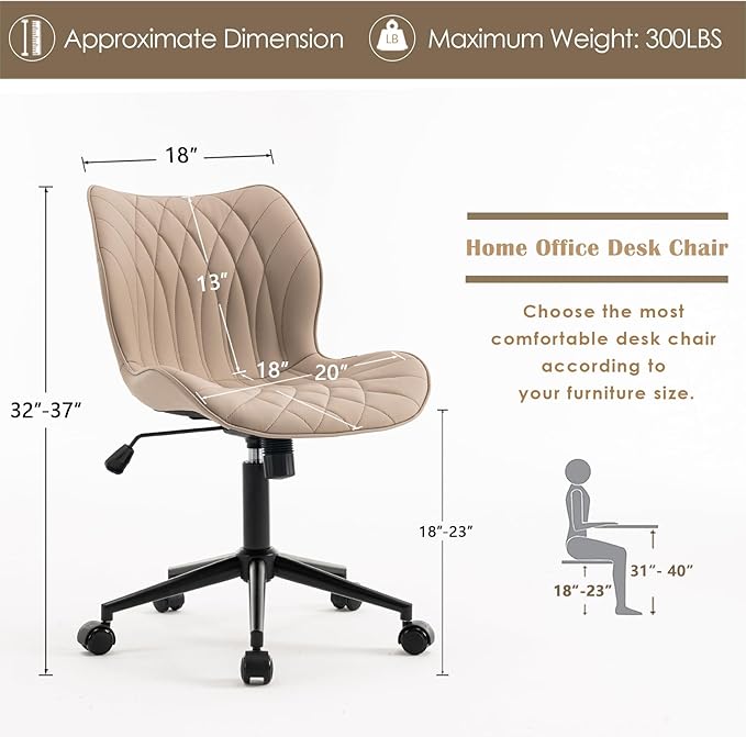 YOUNUOKE Armless Desk Chair Comfy Office Chair with Wheels Home Ergonomic Task Chair Adjustable Computer Chairs Modern Faux Leather Swivel Chair Upholstered Makeup Vanity Chair with Back(Khaki)