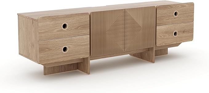 66" Fluted TV Stand, Boho TV Consoles for Living Room, Modern Entertainment Center with Storage, Media Console Cabinet for 75 inch TV(Oak)