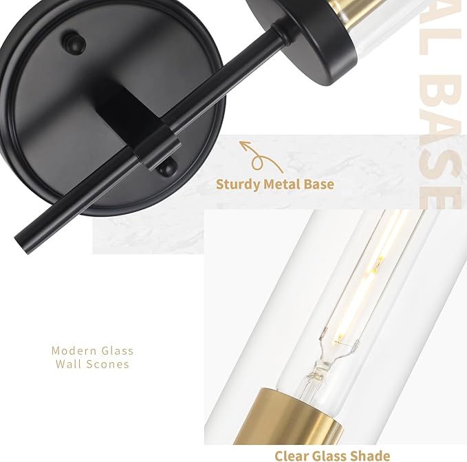 Wall Sconces Set of 2, Black and Gold Modern Bathroom Vanity Lights with Clear Glass, Sconces Wall Decor Set of 2, Hardwired wall Sconce Lighting, Indoor Wall Lights for Bedroom Living Room Hallway
