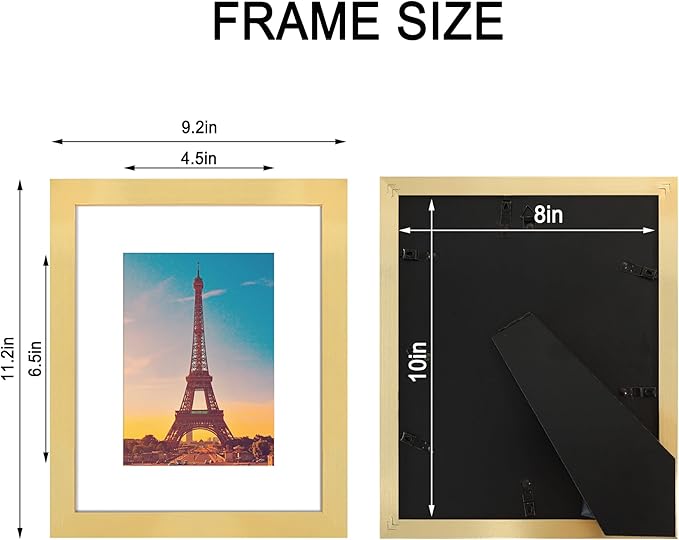 8x10 Picture Frame Set of 4, High Definition Real Glass, Display Pictures 5x7 with Mat or 8x10 Without Mat, Gallery Wall Hanging or Tabletop Photo Frames, Gold
