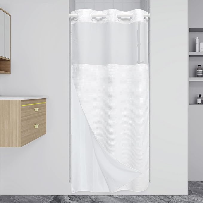 Stall No Hook Shower Curtain with Snap in Liner,230GSM Waffle Weave Shower Curtains for Bathroom,36W x 74H,White