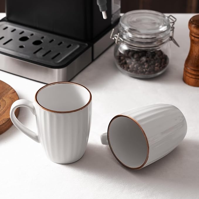 famiware Coffee Mugs Sets for 4, Eden 12 oz Mug Set, Coffee Cups with Handle for Coffee, Tea, Cocoa and Milk, Microwave and Dishwasher Safe, White Stripe