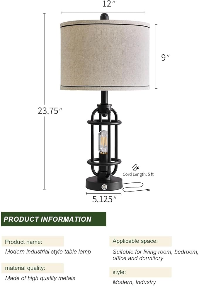 23.75'' Industrial Black Metal Table Lamps Living Room Lamp for Nightstand Bedroom lamps Set of 2 Bedside End Side Table Lamps Home Decor Touch Lamp Modern Lamps With USB Port, Bulbs Included