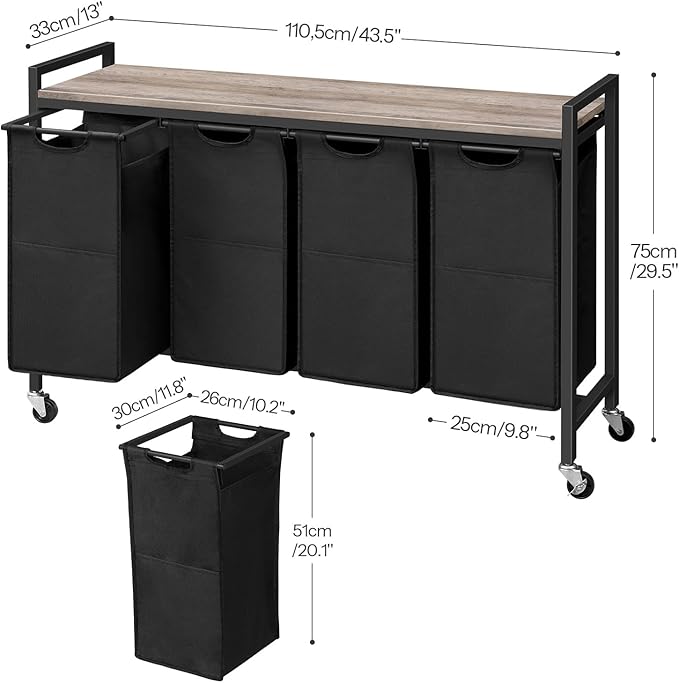HOOBRO Laundry Sorter 4 Sections, Laundry Hamper with Wheels, 4 × 10.5 Gal (39.8L), Rolling Laundry Basket, Pull-Out and Removable Oxford Fabric Bags, Greige and Black BG04XY01