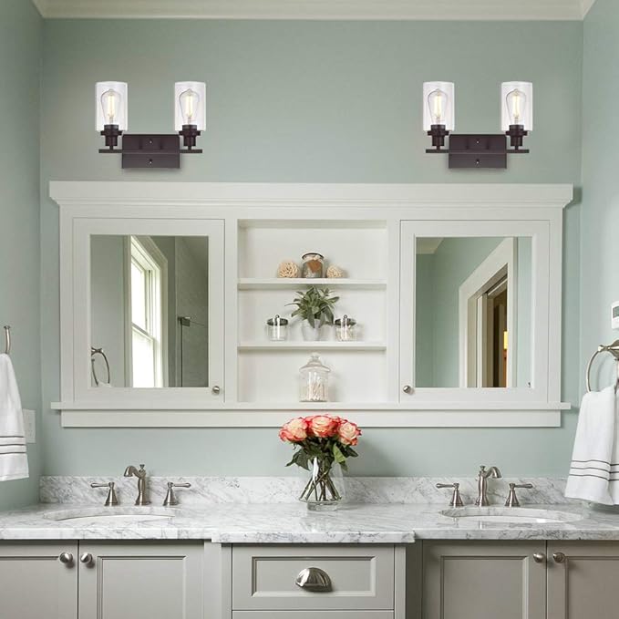 MELUCEE 2-Light Industrial Bathroom Lighting Oil Rubbed Bronze with Clear Glass Shade, Porch Light Fixtures Wall Mount Sconces for Bedroom Living Room Kitchen (Patent No.: US D963914 S)