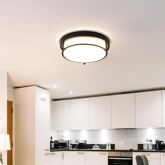 12 inch Black Flush Mount Ceiling Light, 2-Light Hallway Light Fixtures Ceiling, Modern Light Fixtures Ceiling Mount for Kitchen Entryway Bedroom, E26 Socket