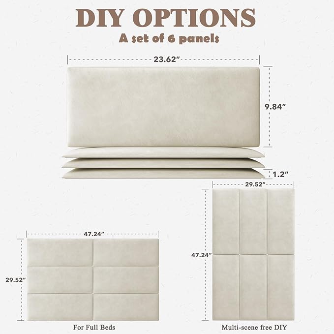 Upholstered Headboard for Full Twin Size Bed, Wall Mounted & Peel and Stick Headboard, Soundproof DIY Wall Panels, Leather Head Board in Modern Design for Bedroom (6 Panels, Each 23.62"x9.84"