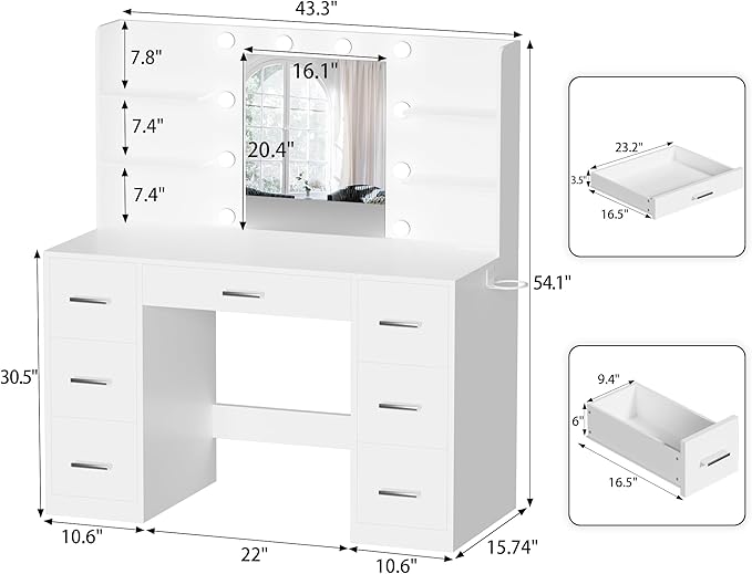 YESHOMY Vanity Desk with Mirror, Power Outlet and 10 Lights, Makeup Table with 7 Drawers, 3 Color Modes Available for Bedroom, Pure White