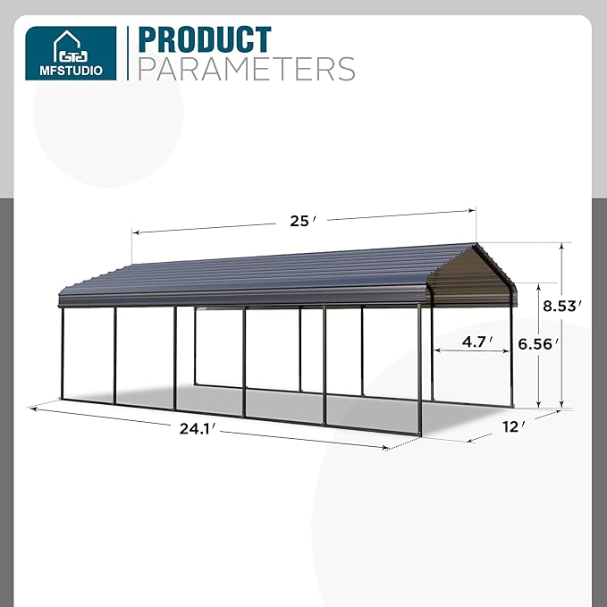 MFSTUDIO Carport 12x25 ft, Outdoor Heavy Duty Metal Shed Carports, Metal Garage Car Shelter Shade Car Port with Galvanized Roof, Frame and Bolts for Cars, Truck and Boats