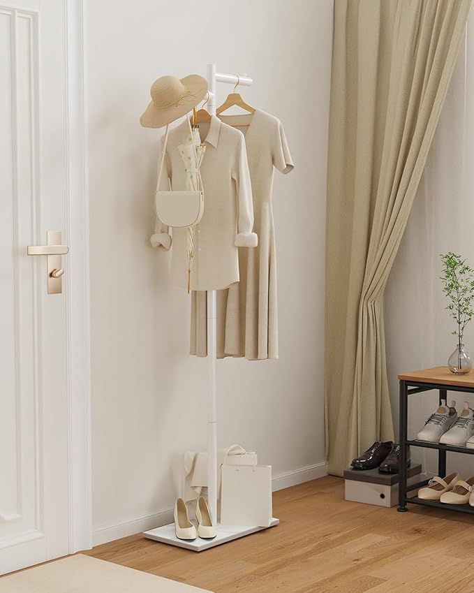 Garment Rack, Freestanding Metal Coat Racks, Z-shaped Coat Tree with Natural Rock Base, Suitable For Outerwear, Clothes, Handbags, 68.9in, White