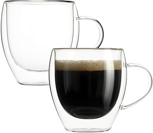 Aurzen 2 Pack Double Walled Glass Coffee Mugs with Handles 8.5oz, Large Insulated Layer Coffee Cups, Clear Borosilicate Mugs, Perfect for Cappuccino, Tea, Microwave Safe (8.5oz-2Pack)