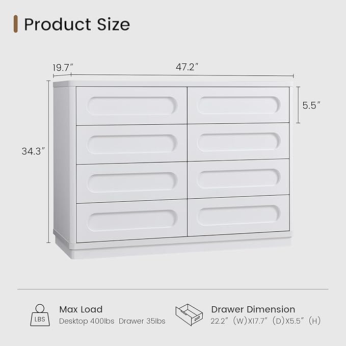 White Dresser for Bedroom with 8 Drawers, 47.2" Wide Dresser for Closet with Deep Drawer, Large Wood TV Stand, Modern Chest of Drawers for Bedroom, Hallway