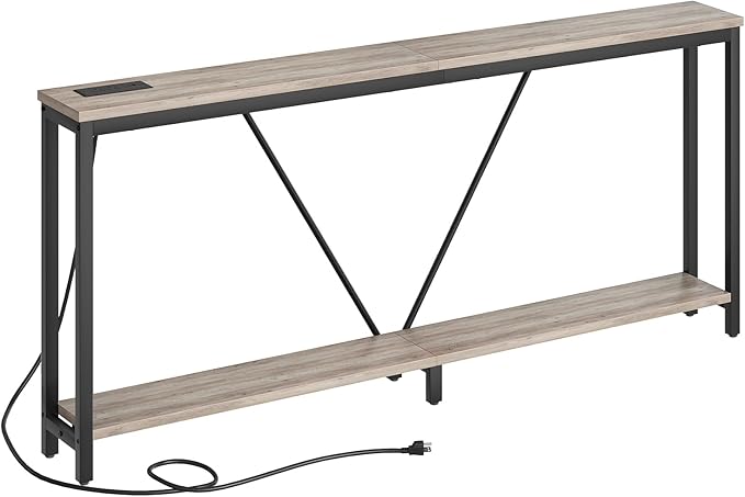 HOOBRO 70.9" Extra Long Sofa Console Table with Charging Station, 2-Tier Behind Couch Table with V-Brace, for Narrow Entryway, Hallway, Living Room, Greige BG186UXG01
