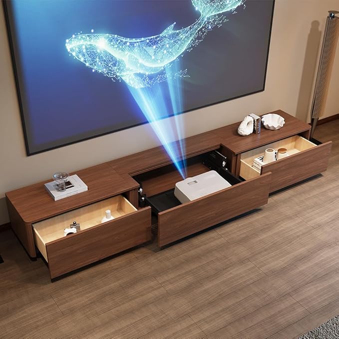 102" Ultra Short Throw Projector TV Cabinet, Mid-Century Modern Electric TV Stand with Linkage Memory Function and Ample Storage Space, Entertainment Center for Living Room, Walnut Color