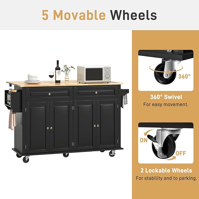 59.1" Movable Kitchen Island with Drop Leaf and Power Outlet, Rolling Island Cart w/Storage Cabinet, Island Table on Wheels for Kitchen w/2 Drawers, Spice Rack, Towel Bar, Garage Hook, Black