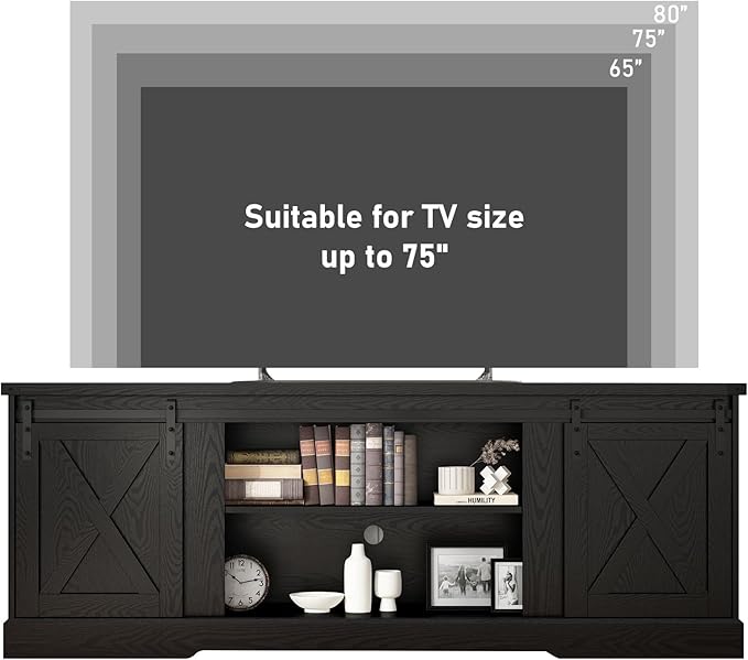 Farmhouse TV Stand for 70/75/80 Inch TV, 70 inch Entertainment Center Storage Cabinets with Sliding Barn Doors, Media Console Cabinet for Living Room, Black
