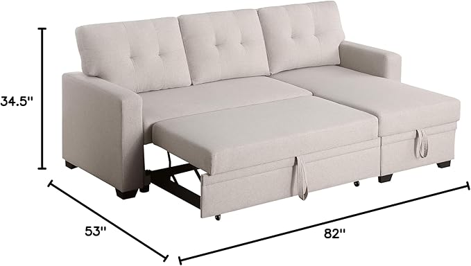 82 Inch Convertible Sleeper Sectional Sofa with Storage Chaise and Pull-Out Bed, Linen Upholstered Reversible Corner Couch, Modular L Shaped Couches for Living Room, Home Furniture, Beige