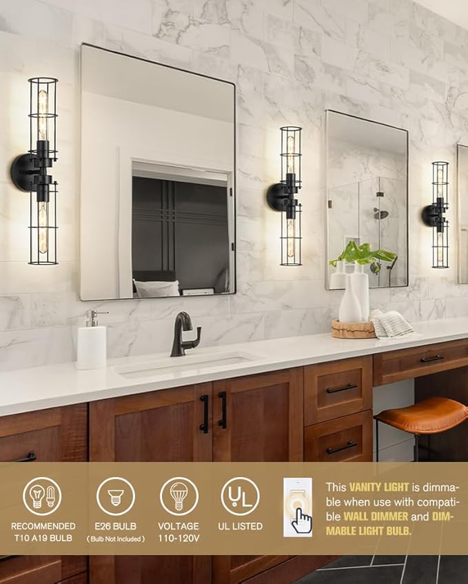 Emak 22 Inch Black Bathroom Light Fixtures Over Mirror, Modern Industrial 2 Light Vanity Light with Metal Shade, Farmhouse Cylinder Wall Sconces for Bathroom, Hallway, VL085-BK-MT-2