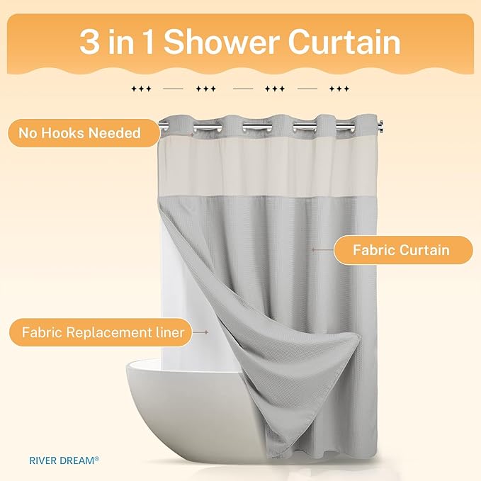 River Dream No Hooks Required Dotted Light Grey Shower Curtain with Snap in Liner - 71" W x 74" H,Hotel Grade,Spa Like Bath Curtain