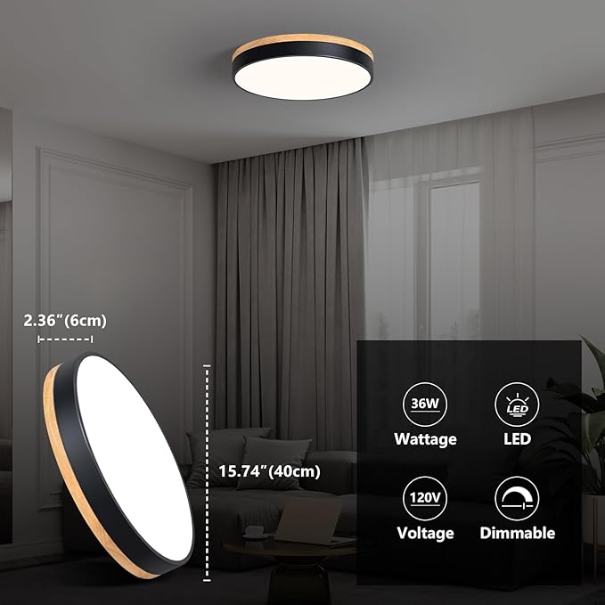 Modern Dimmable LED Close to Ceiling Light Minimalist Wood Oak Flush Mount Ceiling Light Fixture Circle Lighting for Bedroom Living Room Bathroom Laundry Room (Black, 15.7'')