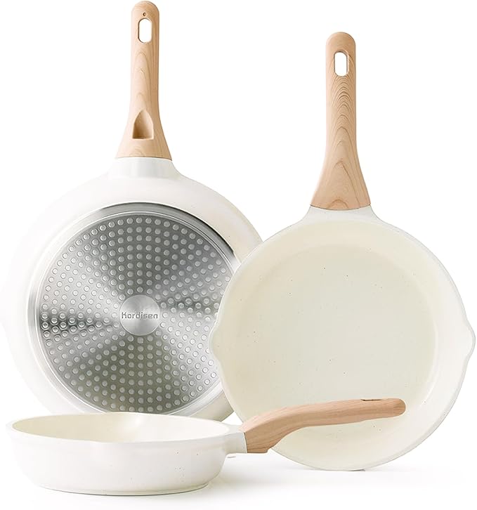 Nonstick Ceramic Frying Pan Set, 3 Piece Ceramic Skillet Set, Healthy Non Toxic Cooking Pan, Stay-Cool Handle, Induction Compatible, PFOA & PFAS Free, White(9.5, 11, 12.5 Inch)
