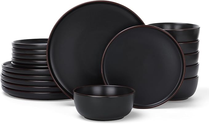 Famiware Mercury Plates and Bowls Sets, 18 Pieces Stoneware Dinnerware Sets, Dishes Set for 6, Microwave and Dishwasher Safe, Matte Black