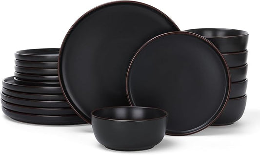 Famiware Mercury Plates and Bowls Sets, 18 Pieces Stoneware Dinnerware Sets, Dishes Set for 6, Microwave and Dishwasher Safe, Matte Black