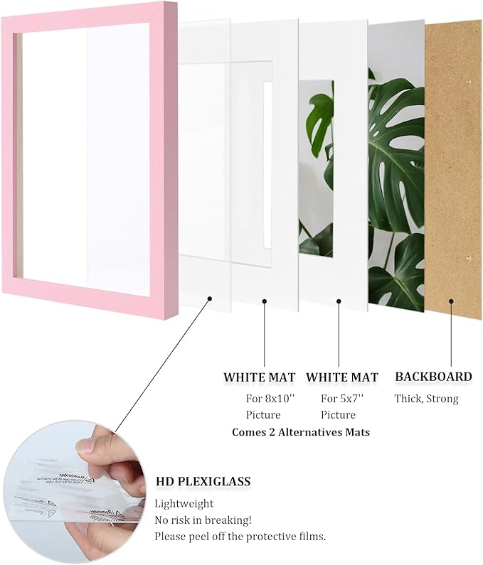 Egofine 11x14 Picture Frame with Plexiglass, Display Pictures 5x7/8x10 with Mat or 11x14 Without Mat for Tabletop and Wall Mounting, Pink
