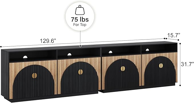 BELLEZE Set of 2 65 Inch Fluted TV Stand, Mid Century Modern Entertainment Center with Storage Cabinets & Open Shelves, Media Console TV Cabinet with Adjustable Shelves for Living Room, Camel