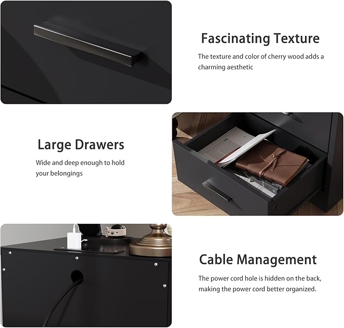 LIDYUK Black Dresser for Bedroom, 3 Drawer Dressers & Chest of Drawers, Modern Wood Dresser with Charging Station, End Table Nightstand Bedside Table for Bedroom, Living Room