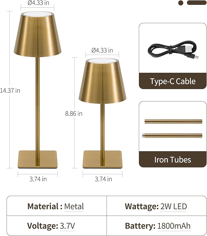 UME 3 Pack Cordless Table Lamp, Battery Operated Lamp - Portable Waterproof Rechargeable Table Lamp w/ 3 Color Temps & Stepless Dimming for Dinner, Desk, Cafe, Outdoor (Brushed Gold)