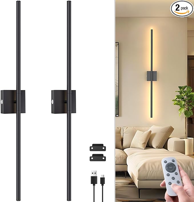 NIORSUN 35 Inch Battery Operated Wall Sconce Set of 2, 360° Rotation Black Rechargeable Wall Lights with Detachable Tube and Remote, 3CCT Dimmable Wireless Wall Lamp for Living Room Bedroom Hallway