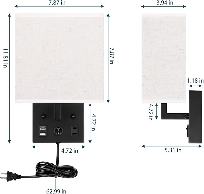 Black Wall Sconces Set of Two, Bedside Wall Lights for Bedroom, Plug in Wall Sconce with USB Ports and Outlets, Modern Wall Lamp for Mirror Kitchen Living Room Hallway, E26 Base (LED Bulbs Included)