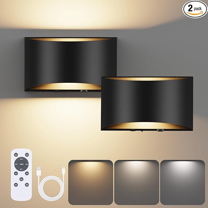 VOLISUN No Hardwired Wall Sconces, Modern Wall Sconces Battery Operated with Remote, 3000K-6500K Dimmable LED Wall Lamps, Wireless Wall Lights for Bedroom, Living Room, Hallway, Corridor(2 Pack)