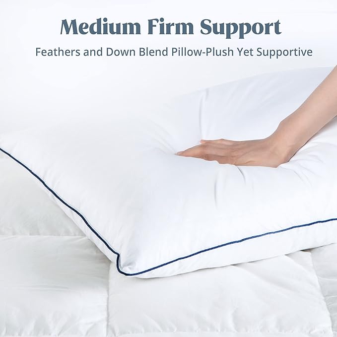 puredown® Premium White Goose Feather and Down Pillows, 2 Pack Luxury Bed Pillows for Sleeping with 100% Cotton Cover, Standard Size, Navy