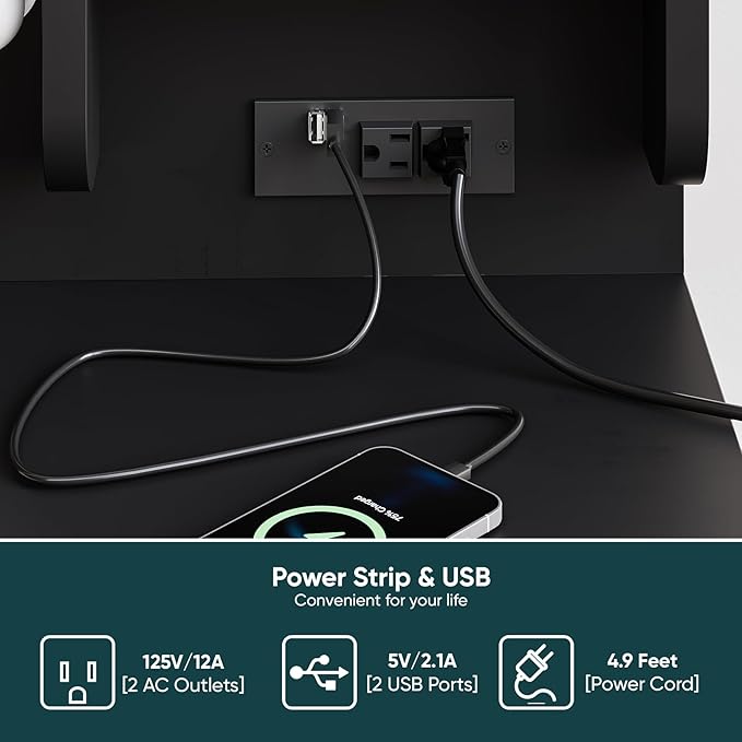 Semiocthome Makeup Vanity Desk with Mirror and Lights, Vanity Table with Power Outlet, Shelves, 2 Drawers, and Metal Frame, 3 Lighting Modes & Adjustable Brightness Dressing Table with Chair - Black