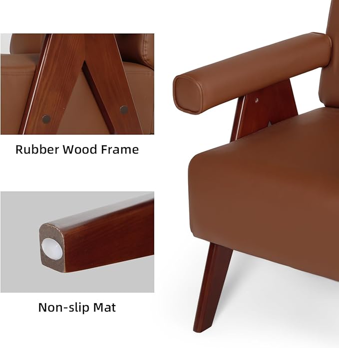 AODAILIHB Mid Century Modern Chairs Set of 2 Brown Leather Accent Chair Wood Arms with Soft Bag Living Room Chairs with Thick Cushion Comfy Side Waiting Room Chairs Bedroom/Office (2, Brown)