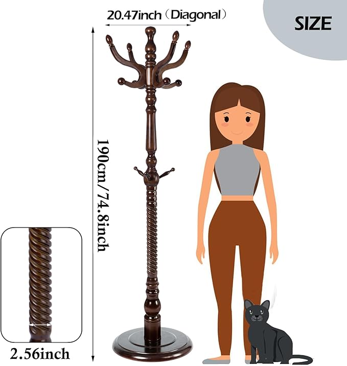Coat Racks Free Standing with 14 Hooks, Natural Wood Coat Stands for Entryway, Adjustable Height 73 in Tree Coat Rack Stand for Hallway Home Office Bedroom (Dark Brown)